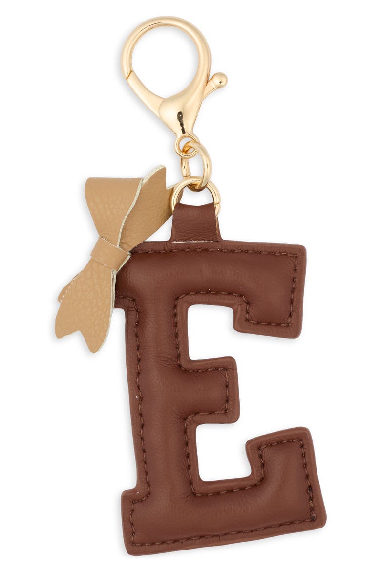 Bow Initial Bag Charm, Main, color, E- BROWN MULTI- GOLD