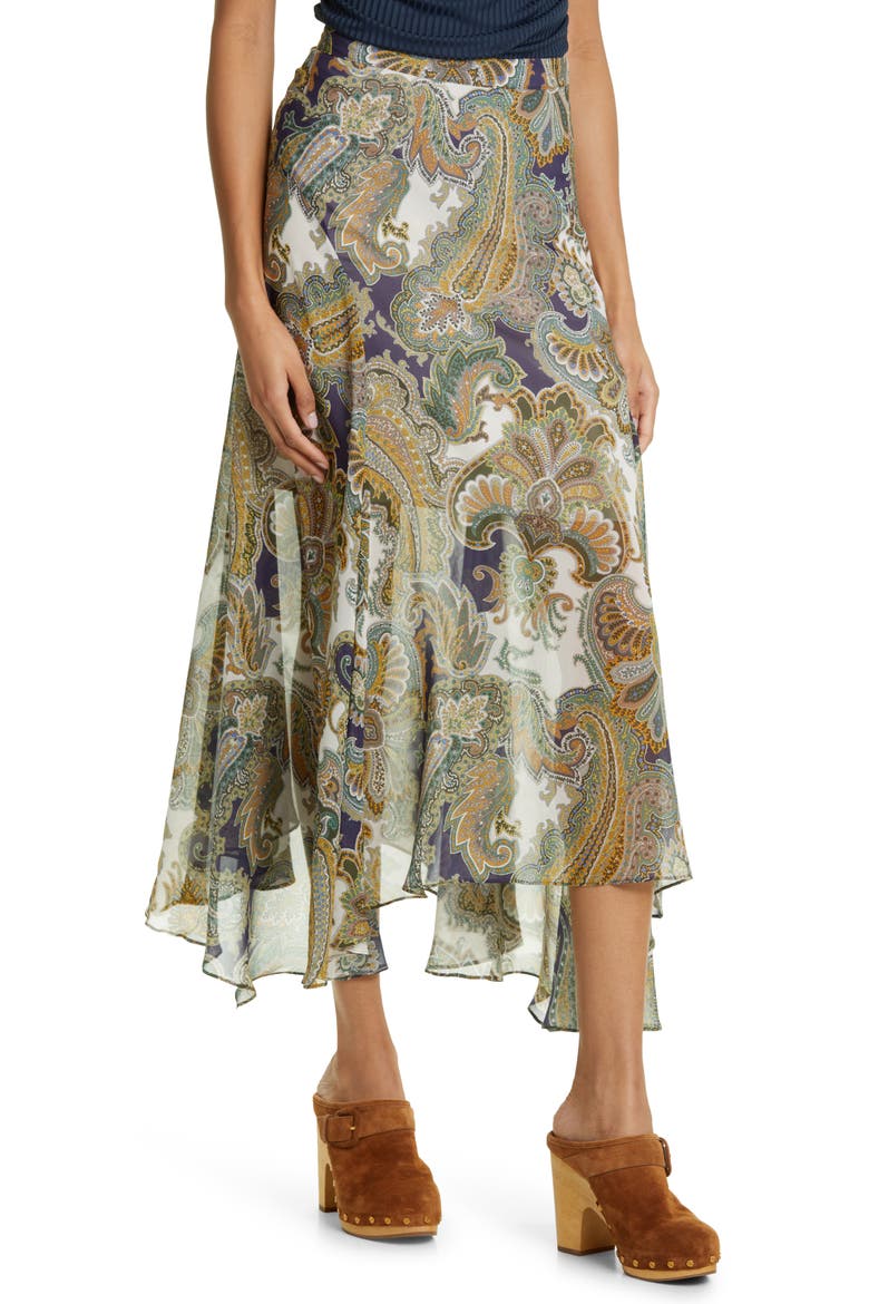 Karima Paisley Asymmetric Silk Midi Skirt, Main, color, ARMY MULTI