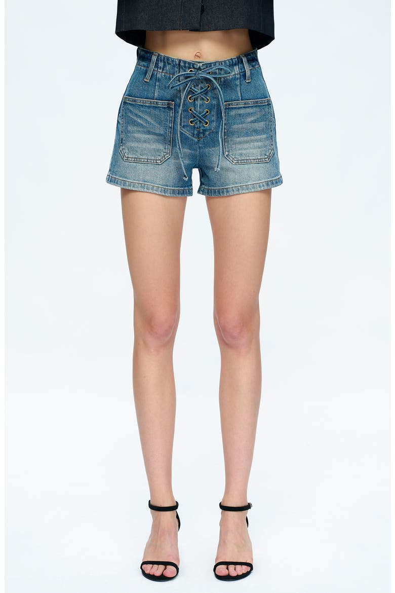 Maya Lace-Up High Waist Denim Shorts, Main, color, TURQUIOSE