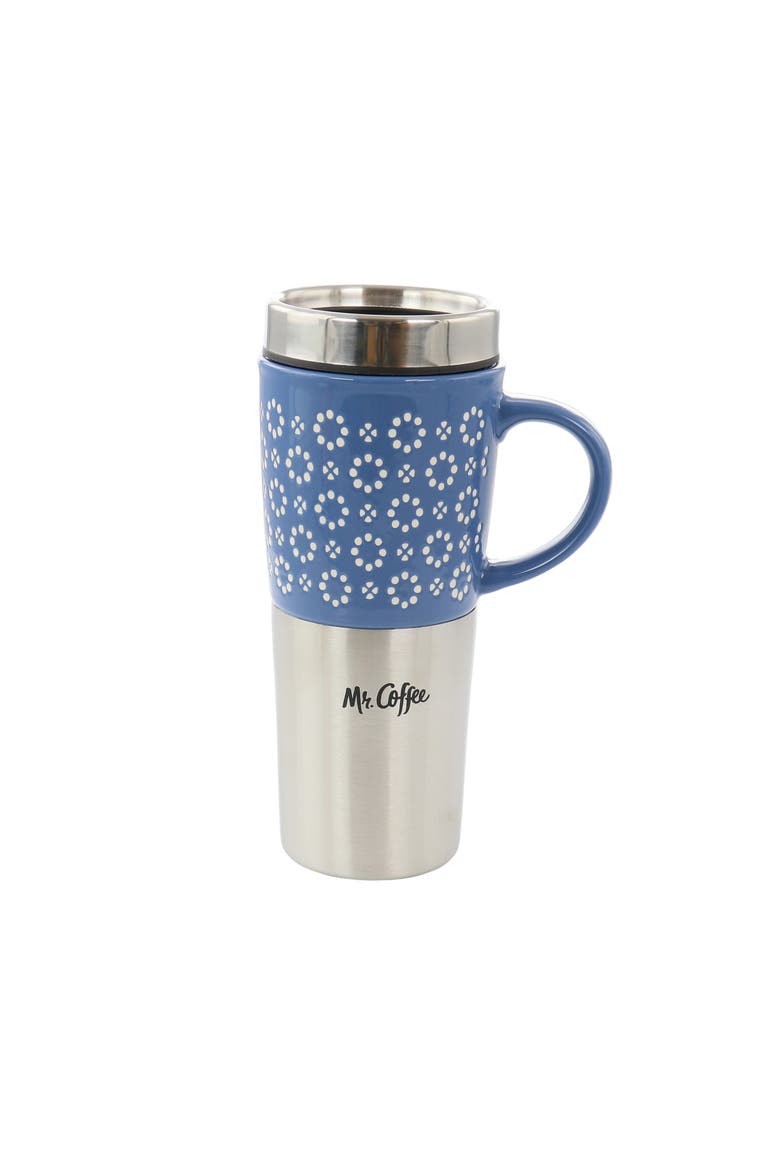 Travertine 16 Ounce Stoneware and Stainless Steel Travel Mug With Lid, Main, color, Blue