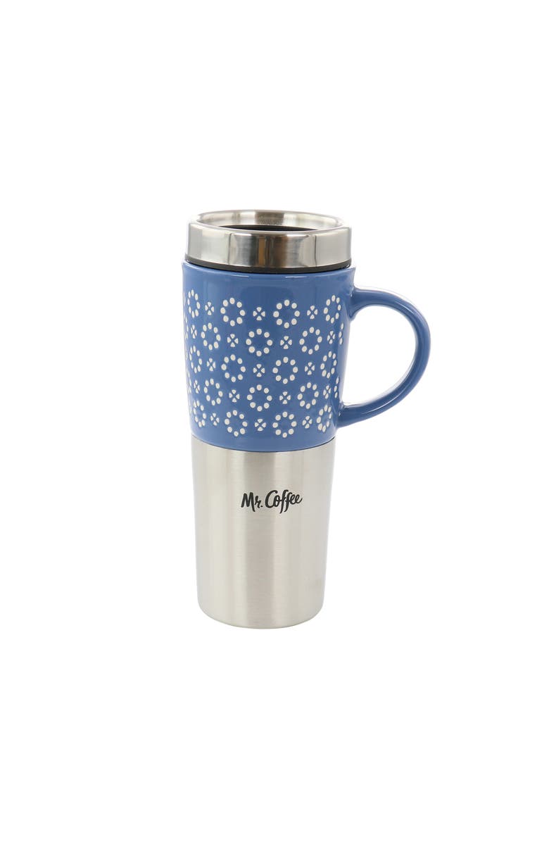 Mr. Coffee Travertine 16 Ounce Stoneware and Stainless Steel Travel Mug With Lid, Main, color, Blue