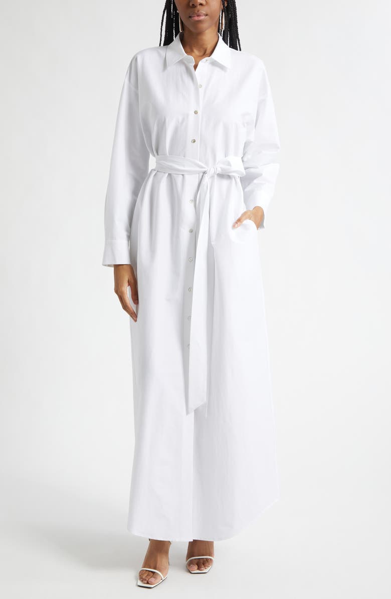 L'AGENCE Ridley Tie Waist Long Sleeve Maxi Shirtdress, Main, color, White
