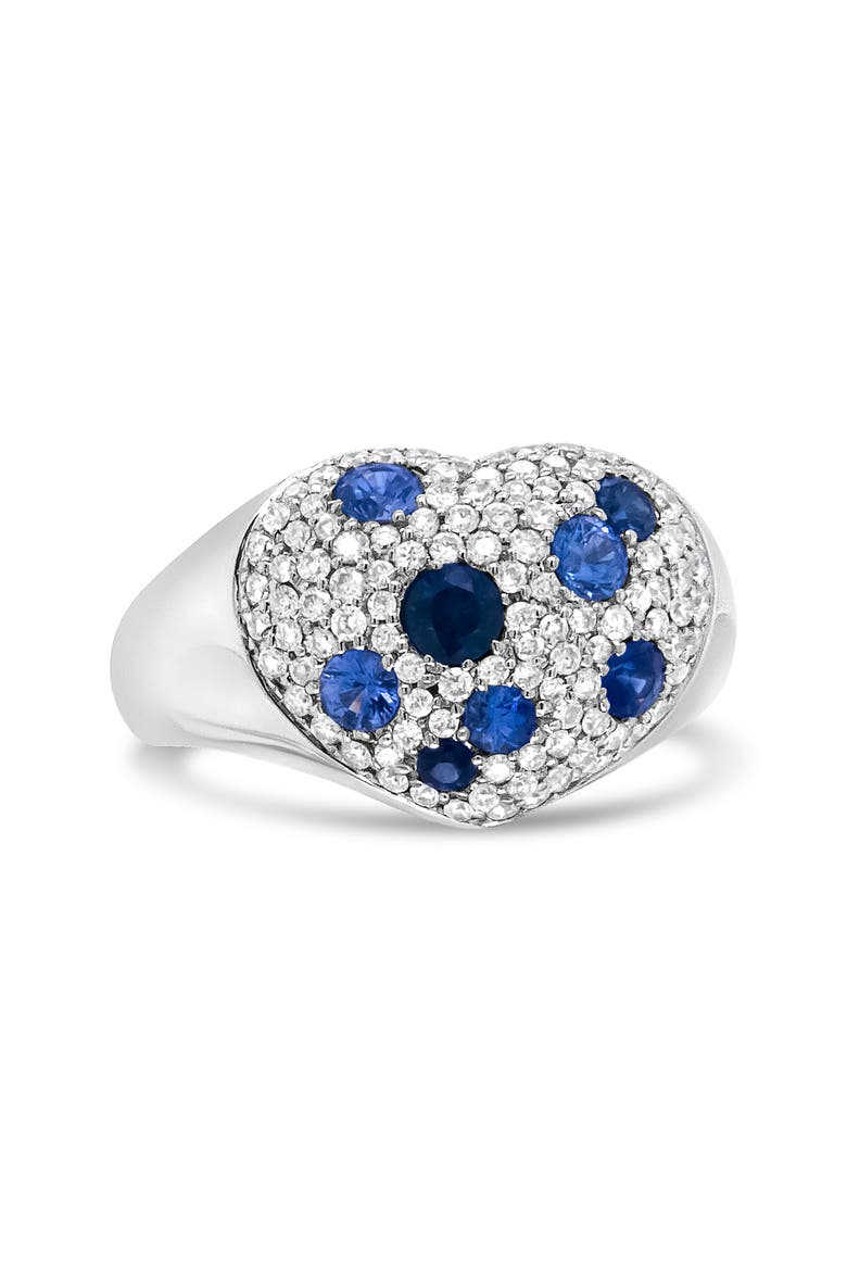18K White Gold Blue Sapphire and 5/8 Cttw Diamond Cluster Heart Shaped Ring, Alternate, color, White