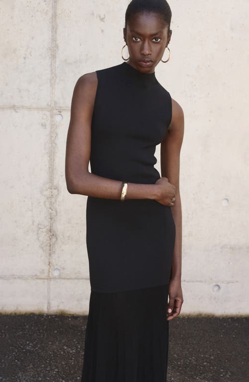 Mango Long Knitted Dress With Perkins Neck Black In Black