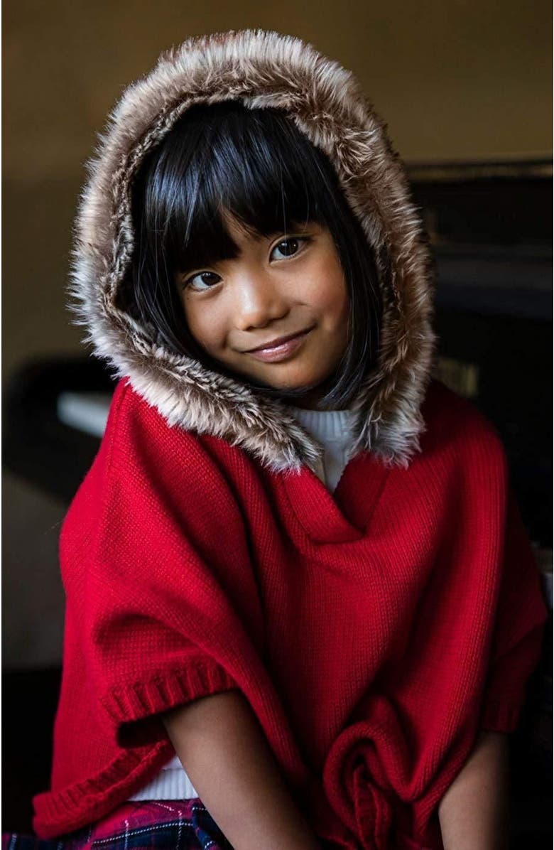 Hope & Henry Girls' Sweater Cape with Faux Fur, Kids, Alternate, color, Red