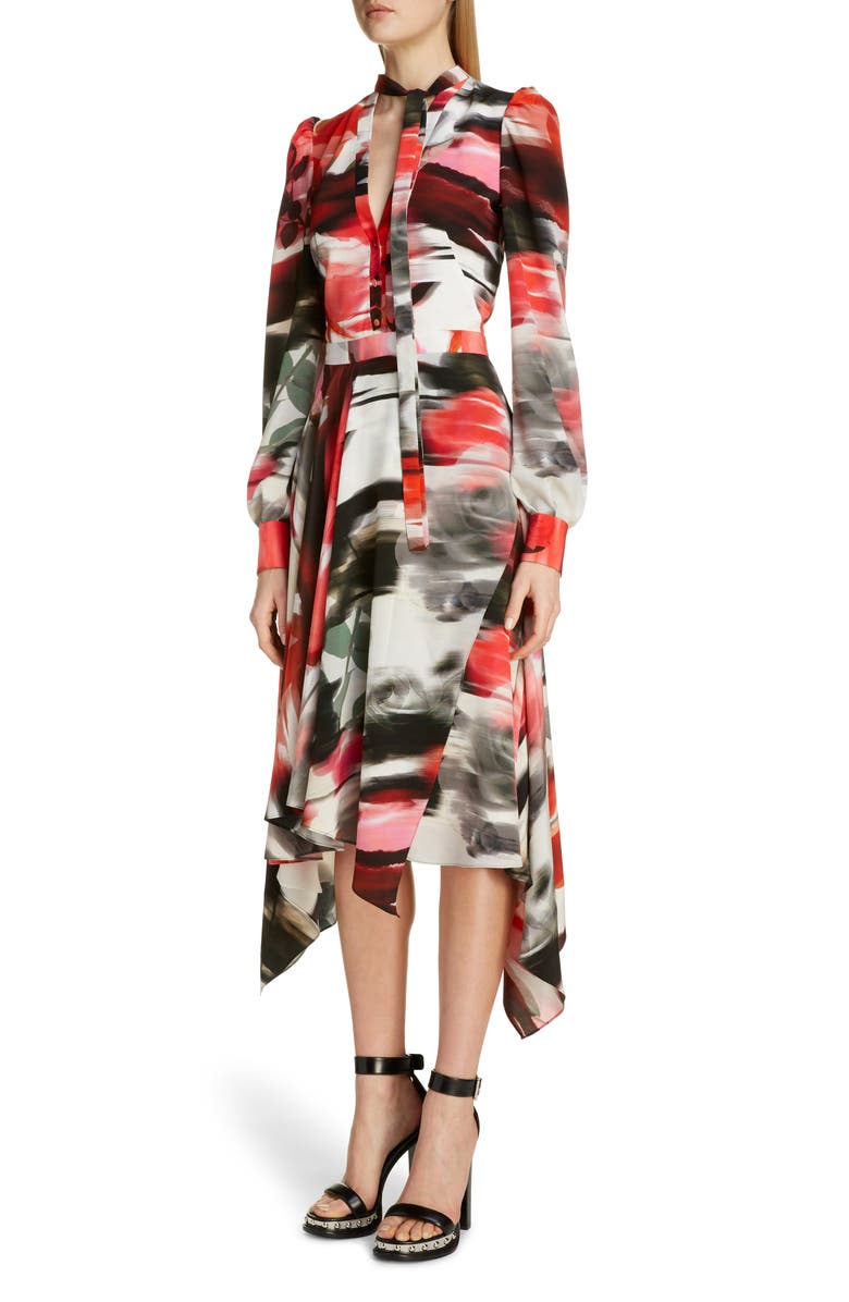 McQueen Alexander McQueen Rose Print Silk Asymmetrical Long Sleeve Dress, Alternate, color,