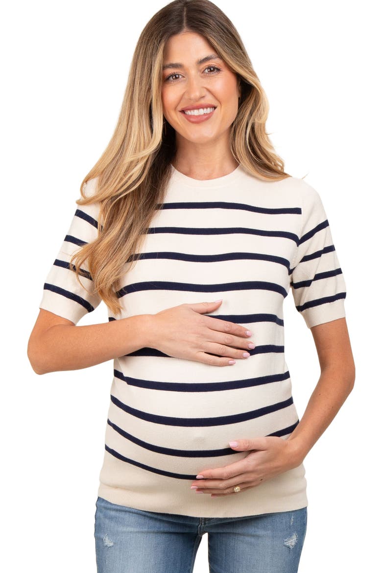 Striped Knit Short Sleeve Top, Main, color, Navy Blue