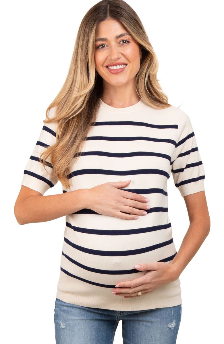 PinkBlush Striped Knit Short Sleeve Top, Main, color, Navy Blue