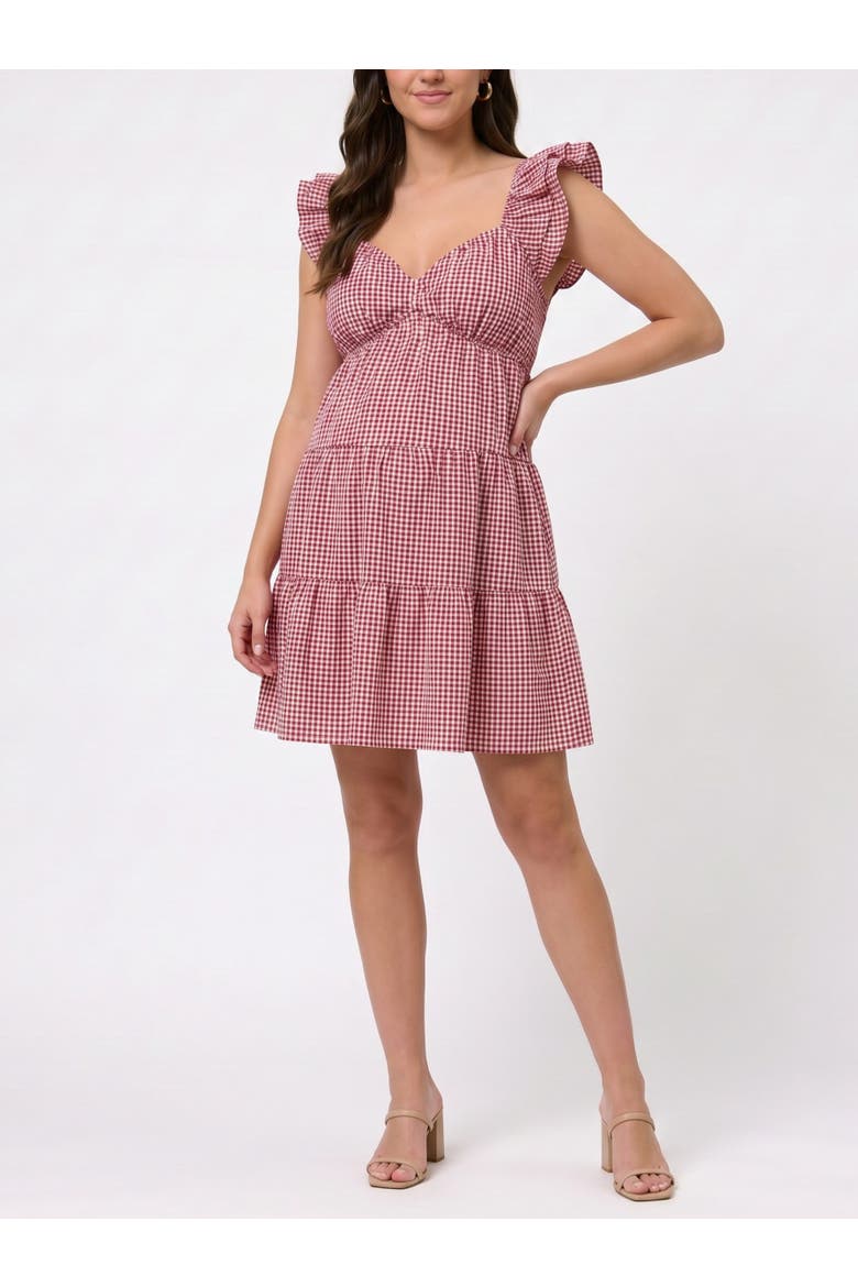 V Neck Flutter Sleeve Tiered Mini Dress, Main, color, Red & White Gingham