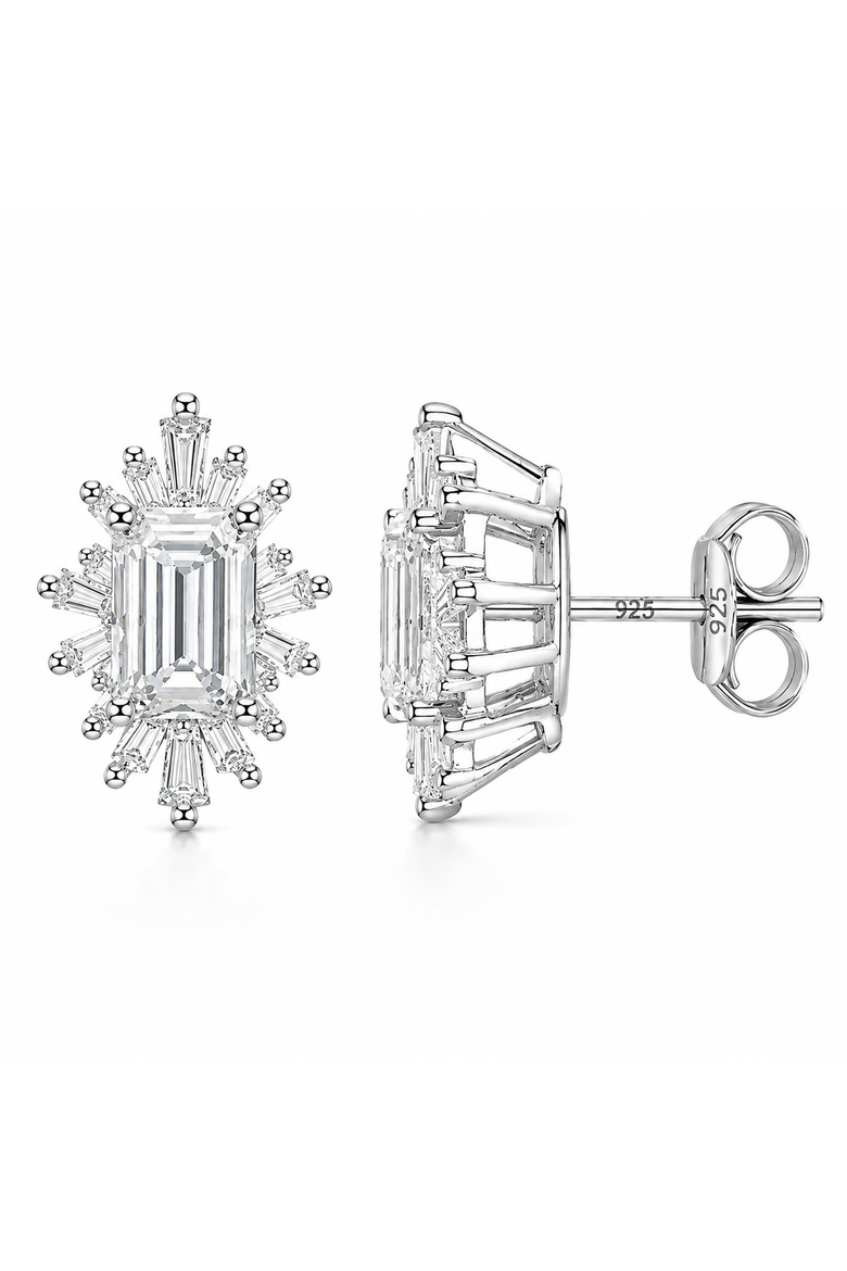 Sterling Silver Emerald-Cut Baguette Halo Earrings, Main, color, Silver