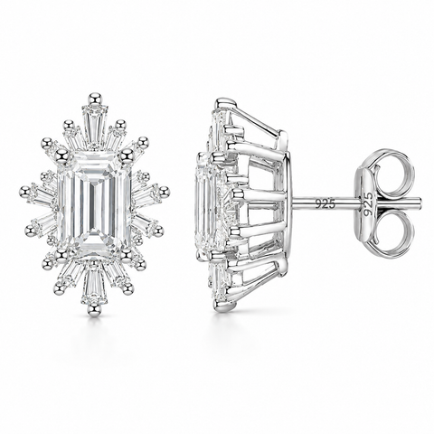Sterling Silver Emerald-Cut Baguette Halo Earrings