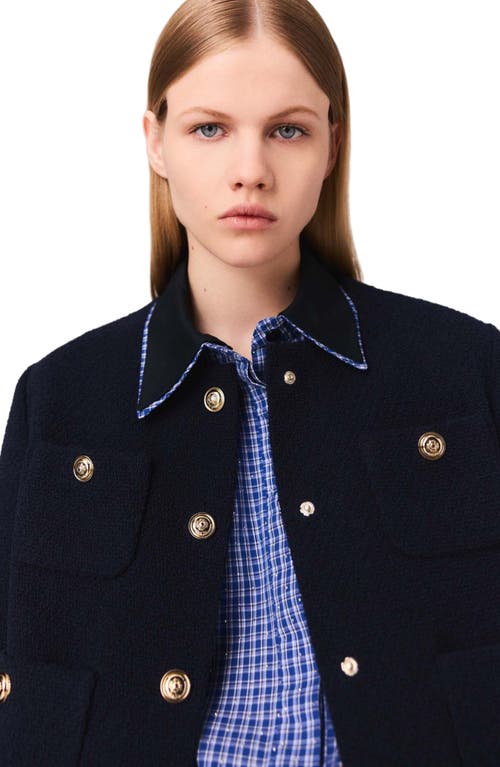 Maje Cropped Tweed Jacket With Removable Collar In Black