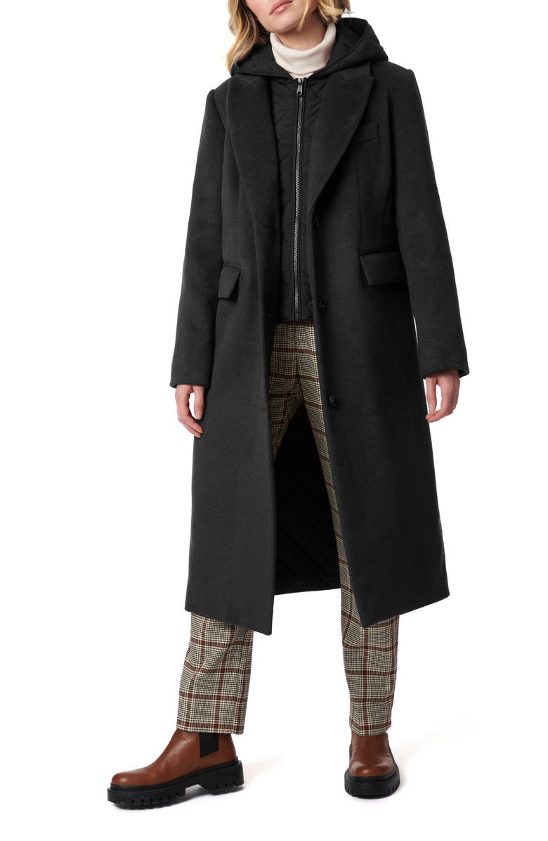 Bernardo Long Coat with Hooded Quilted Bib, Alternate, color, Black