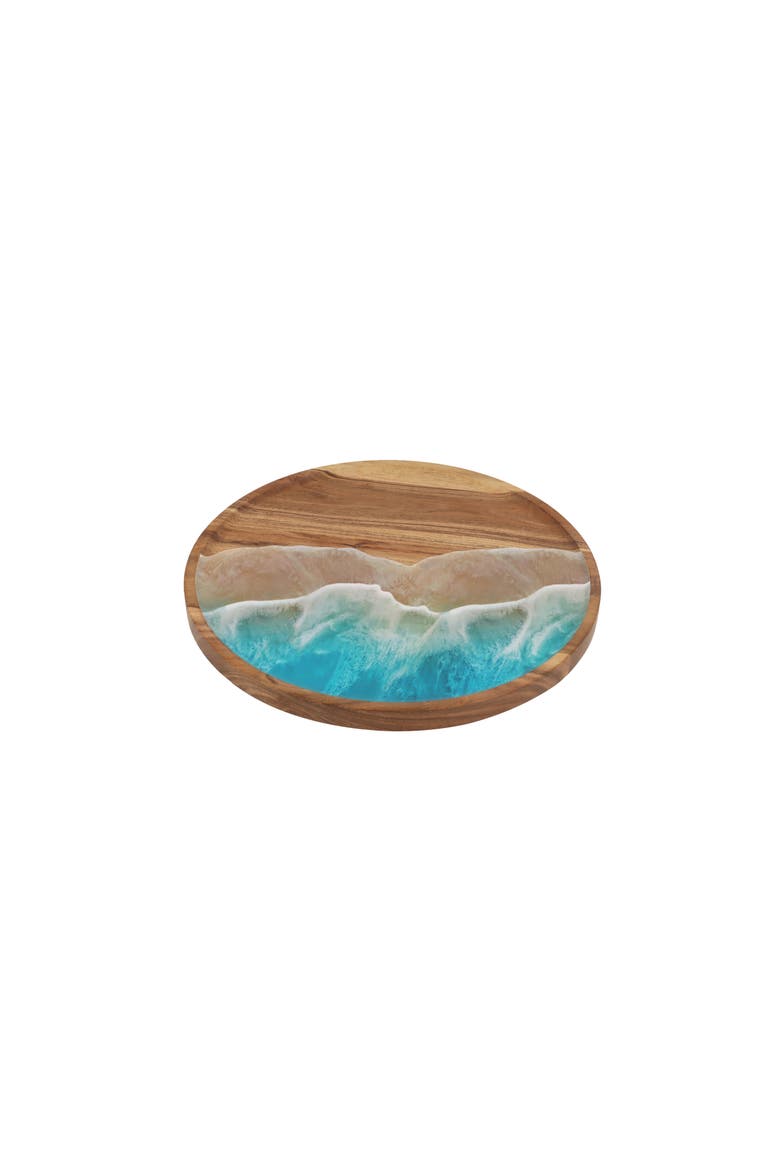 Blue Wave on Wood Lazy Susan Chip and Dip Round Serving Tray, Alternate, color, Blue