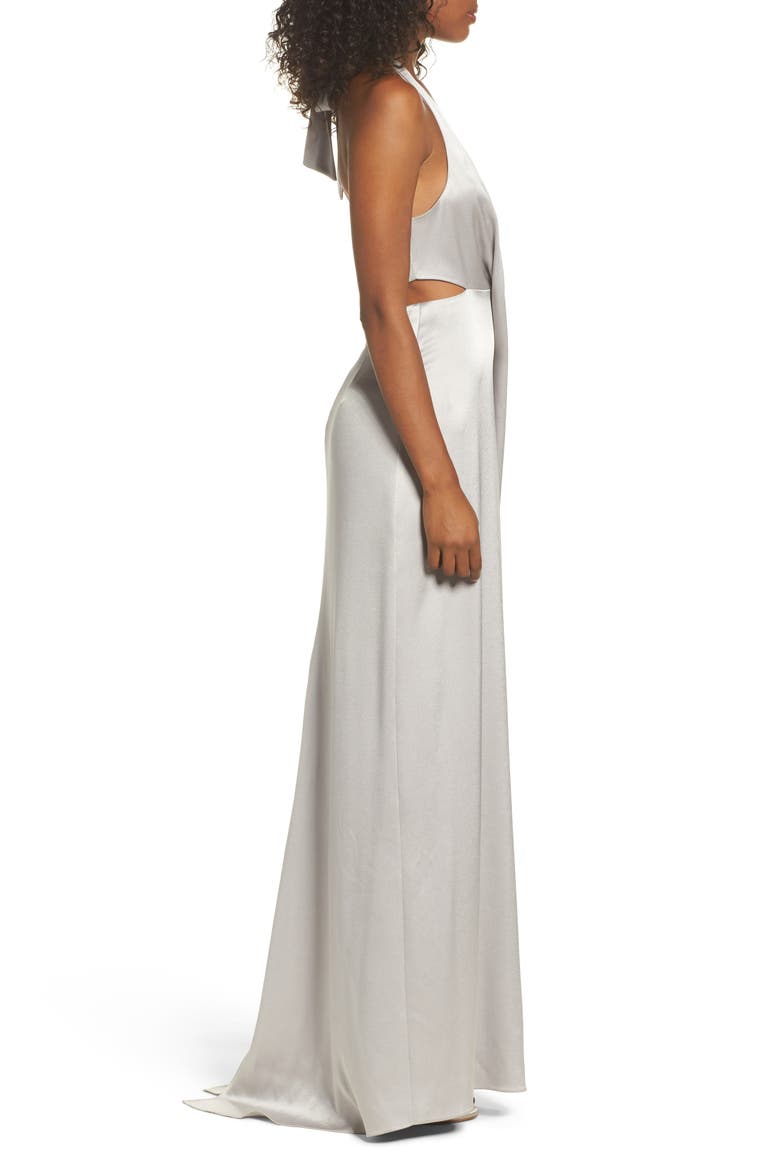 V-Neck Draped Satin Gown, Alternate, color, FOG