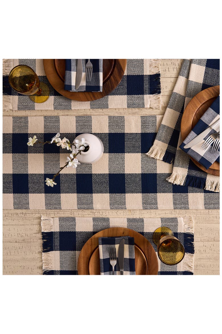 Checkered Fringe Cotton Table Runner, Alternate, color, BLUE