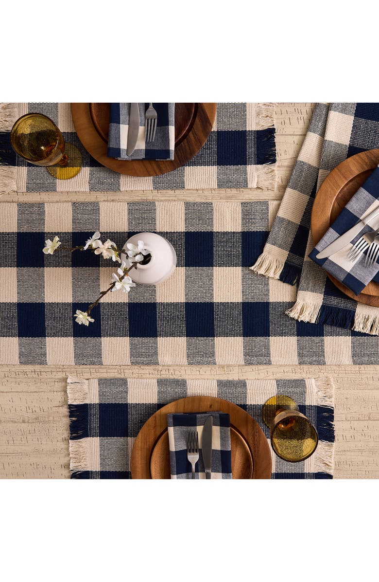 Design Imports Checkered Fringe Cotton Table Runner, Alternate, color, Blue