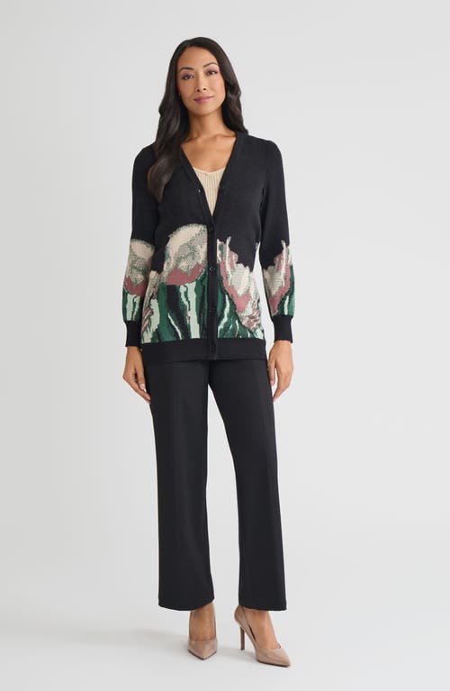Misook Relaxed Floral Jacquard Knit Cardigan In Black