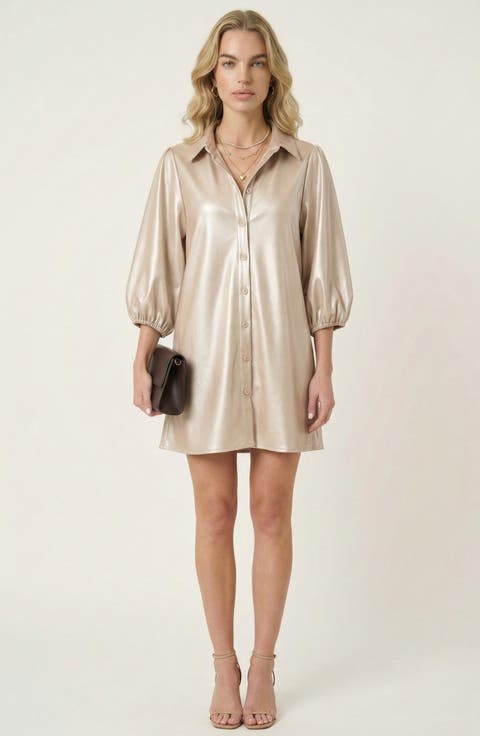 Satin Button-Up Shirt Dress with Puff Sleeves and Collar