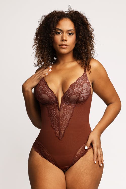 Popilush Shapewear Lace Deep V-neck Sculpting Thong Bodysuit In Deep Coffee
