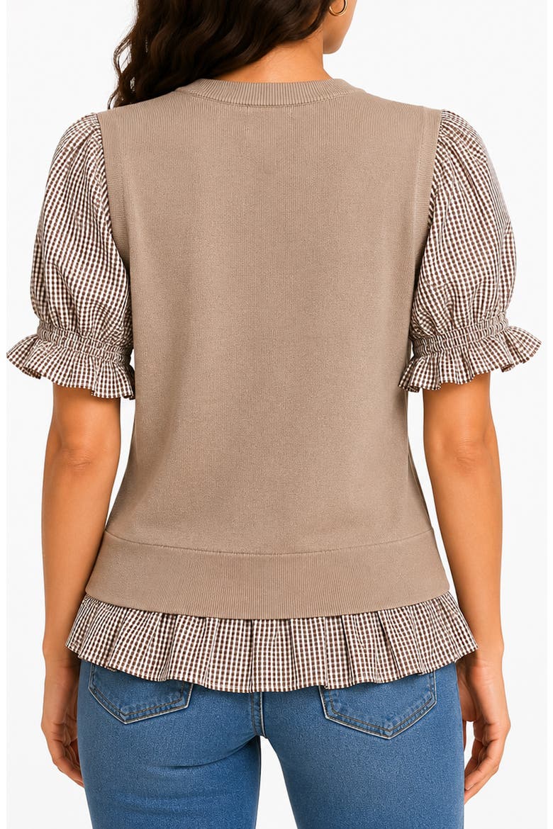 Twofer Ruffle Trim Sweater, Alternate, color, CAMEL GINGHAM