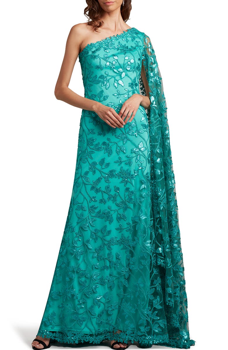 Tadashi Shoji Sequin Floral One-Shoulder Gown, Main, color,