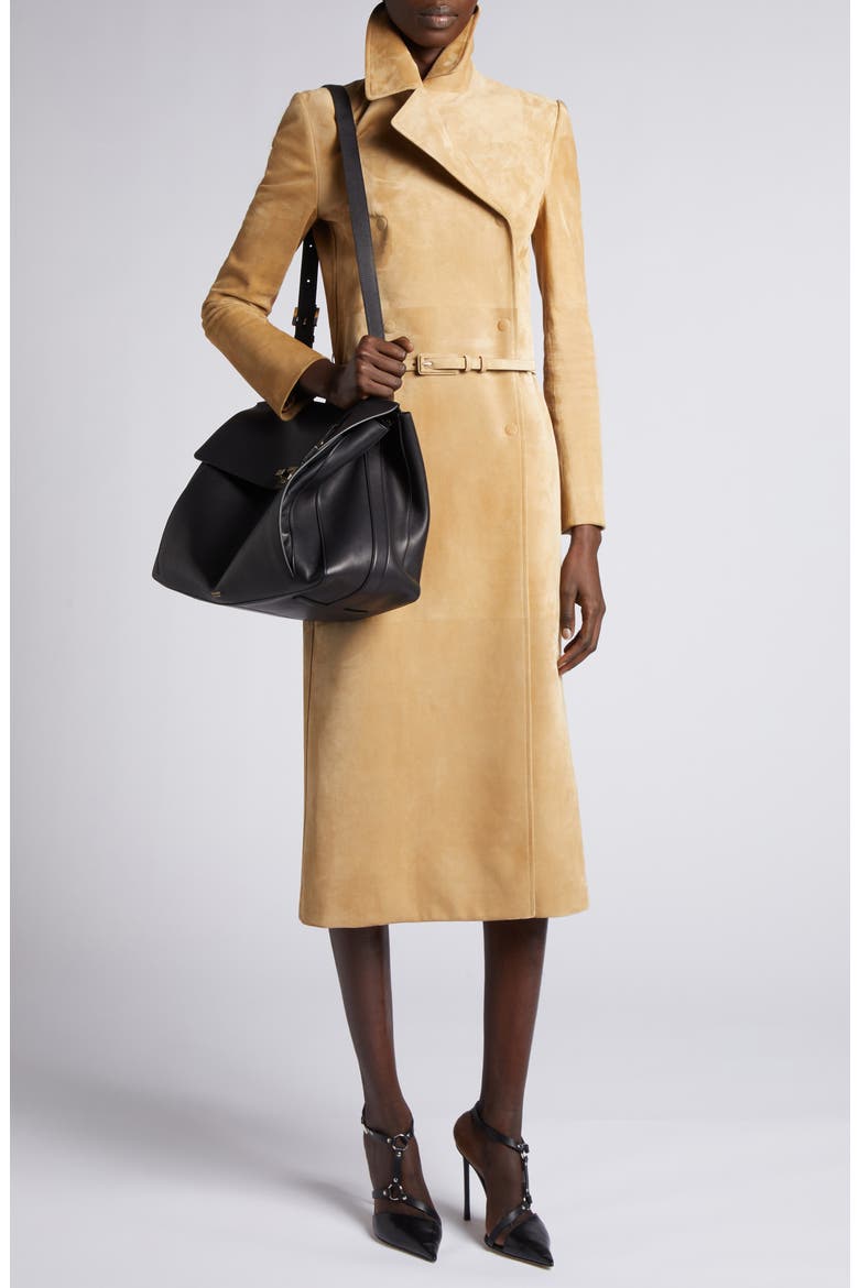 Double Breasted Lambskin Suede Trench Coat, Alternate, color, WARM SAND