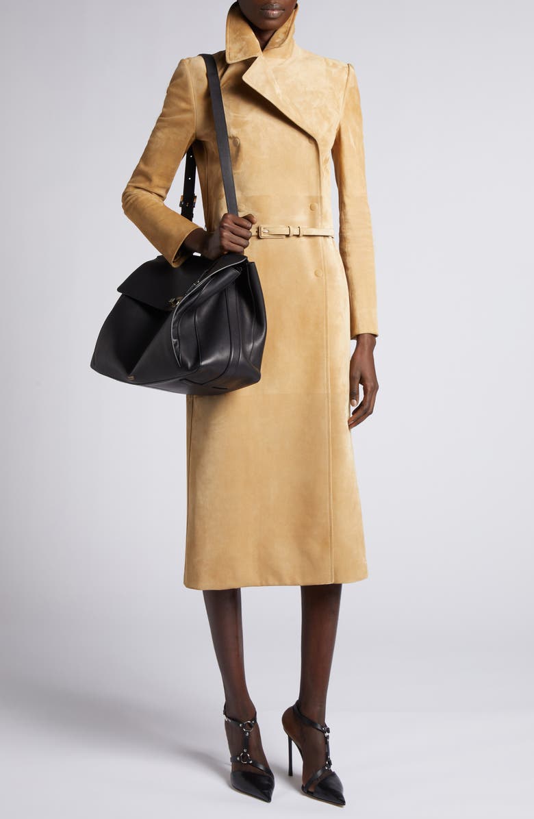 TOM FORD Double Breasted Lambskin Suede Trench Coat, Alternate, color, Warm Sand