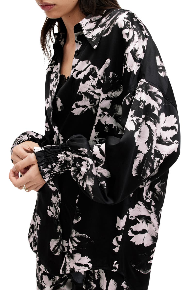 AllSaints Charli Floral Satin Button-Up Shirt, Alternate, color, Monica Black