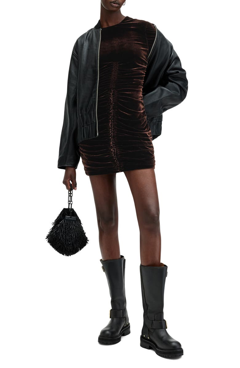 AllSaints Eris Long Sleeve Velvet Minidress, Alternate, color, Rich Brown