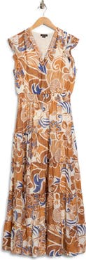 Halogen® Ruffle Sleeve Smocked Waist Tiered Maxi Dress