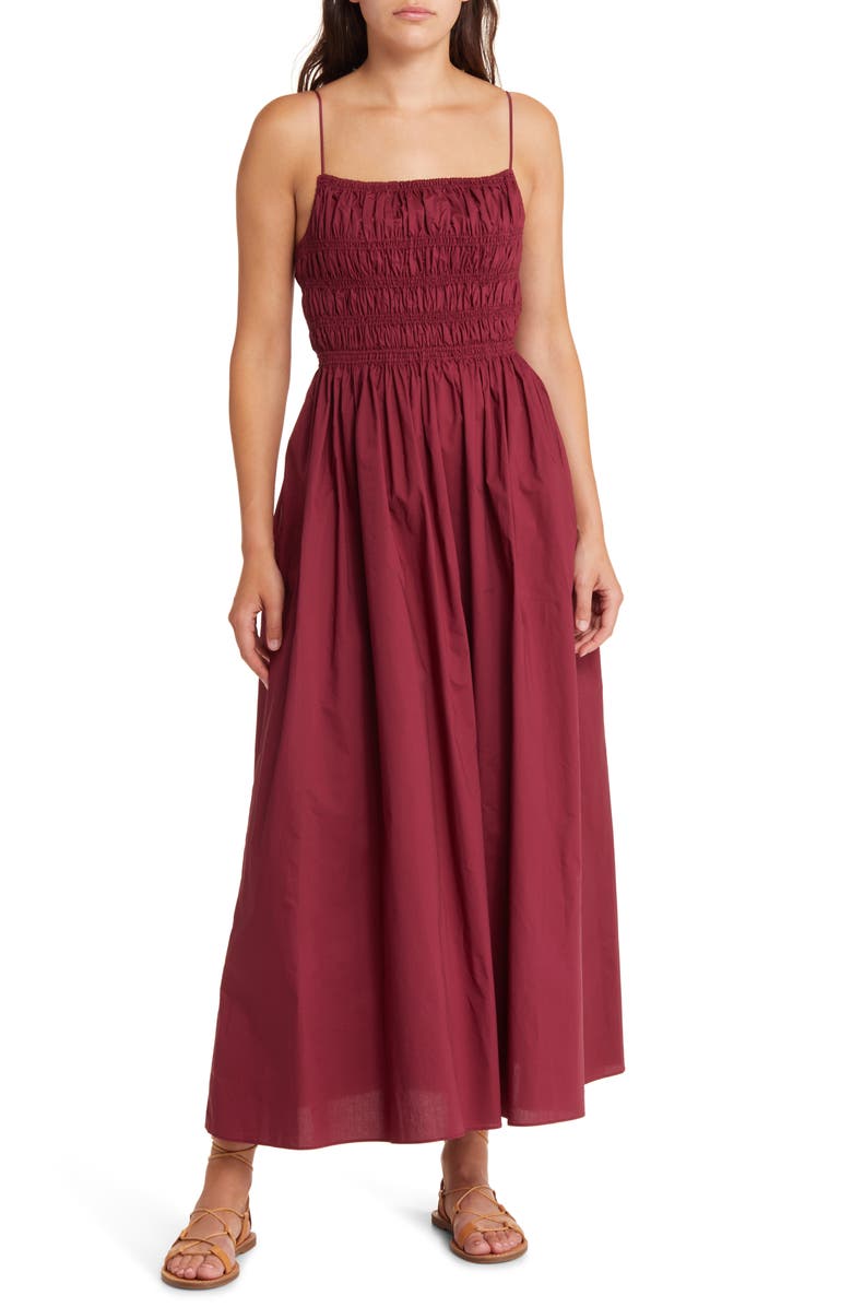 MOON RIVER Smocked Tie Back Midi Dress, Main, color, Burgundy
