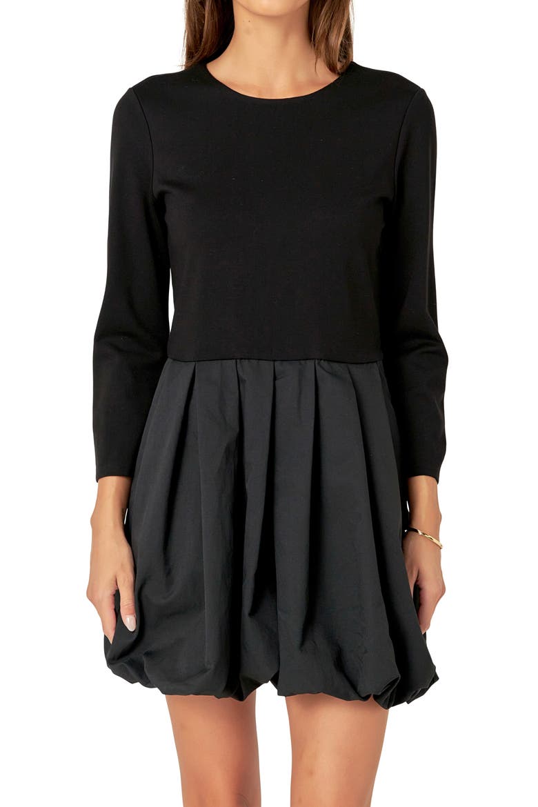 Mixed Media Bubble Hem Minidress, Alternate, color, BLACK