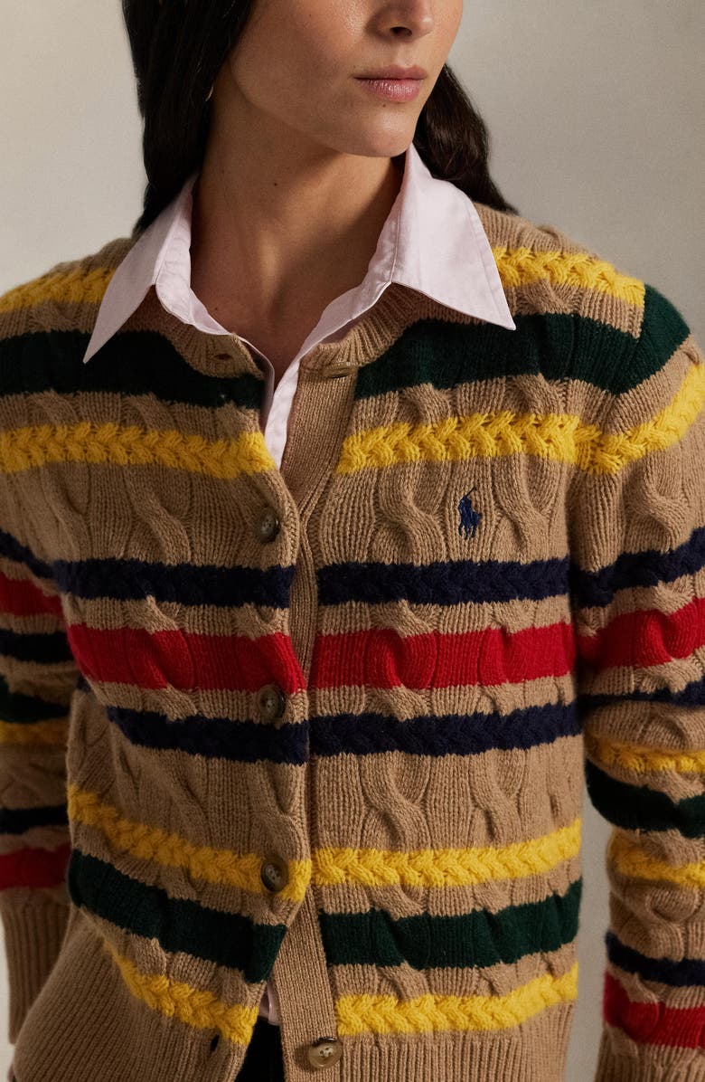 Polo Ralph Lauren Stripe Cable Stitch Wool & Cashmere Cardigan, Alternate, color, Collection Camel Melange Multi