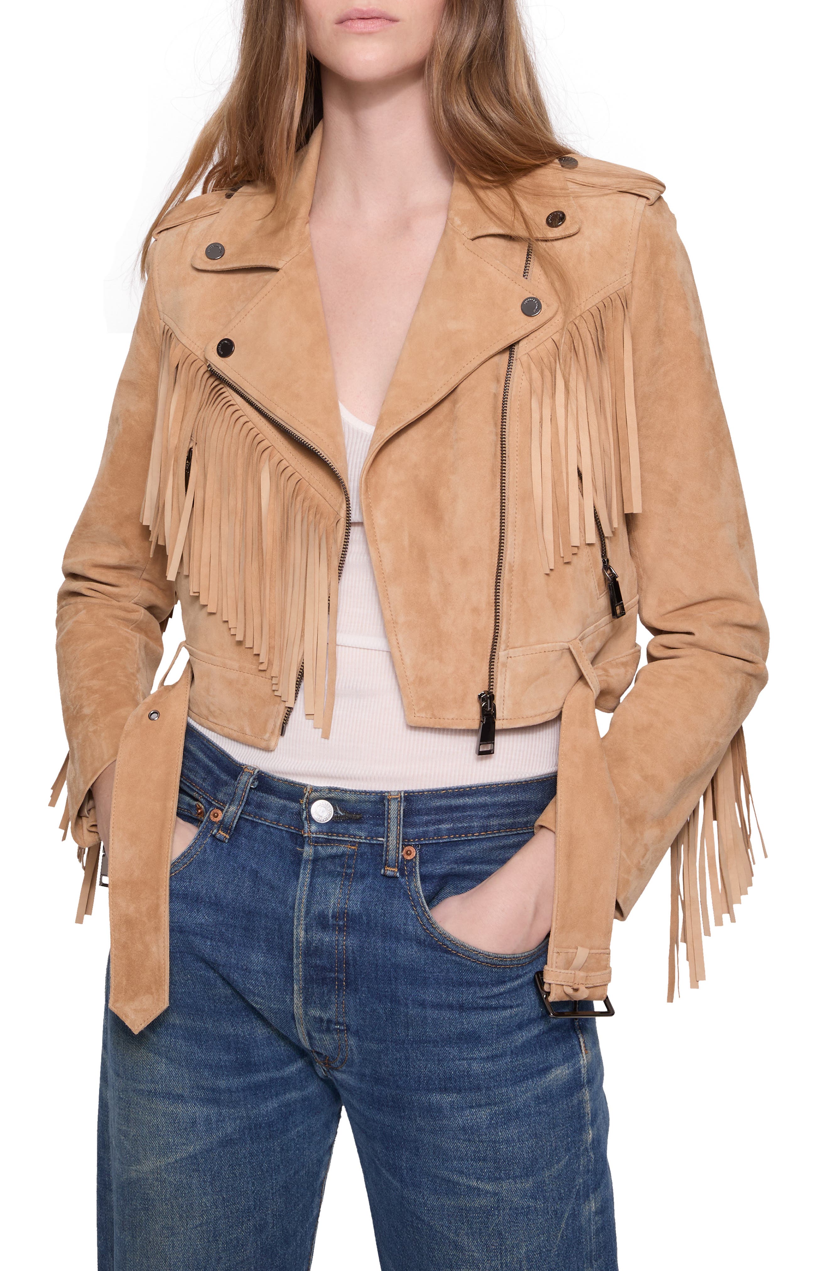 Rebecca Minkoff Gemma Suede Fringe Detail Moto Jacket (Women