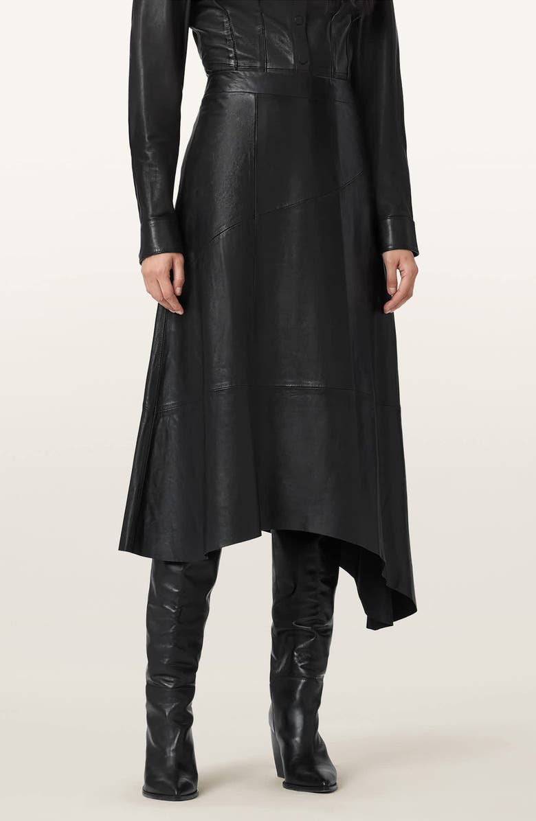 AllSaints Gia Asymmetric Leather Skirt, Main, color, Black