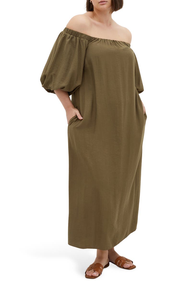 City Chic Layla Off the Shoulder Puff Sleeve Maxi Dress, Main, color, Khaki