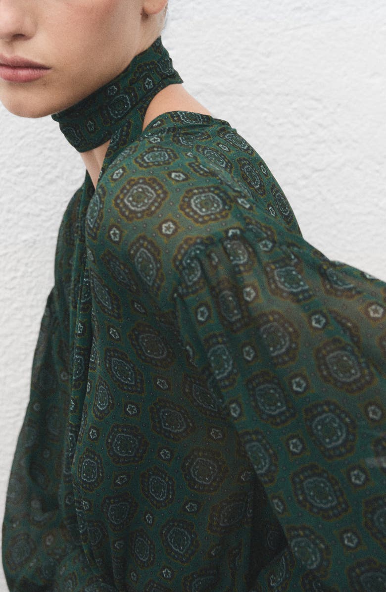 MANGO Medallion Print Long Sleeve Dress with Removable Scarf, Alternate, color, Green