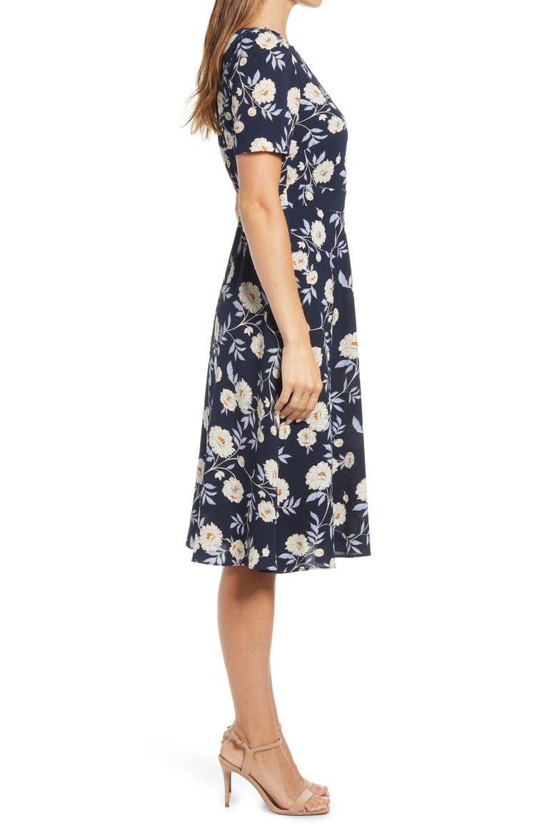 Floral Puff Sleeve Fit & Flare Dress, Alternate, color, NAVY