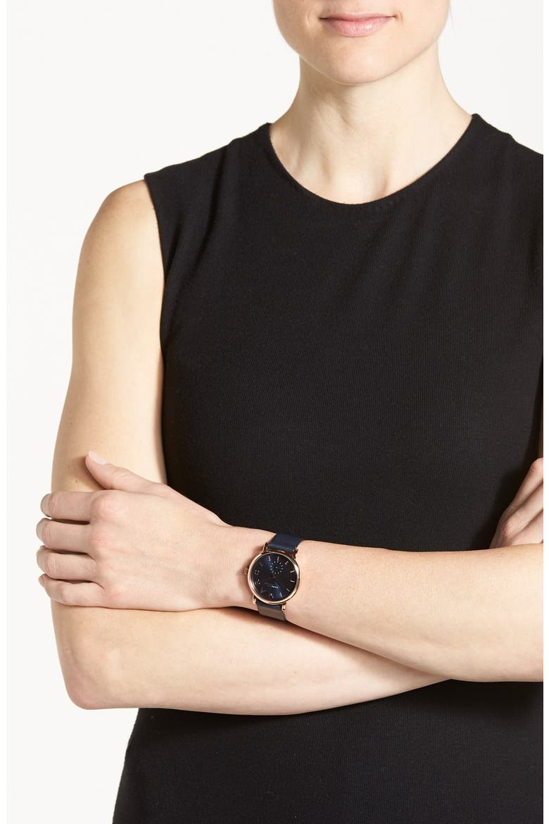 'Baker' Leather Strap Watch, 37mm, Alternate, color, NAVY/ ROSE GOLD