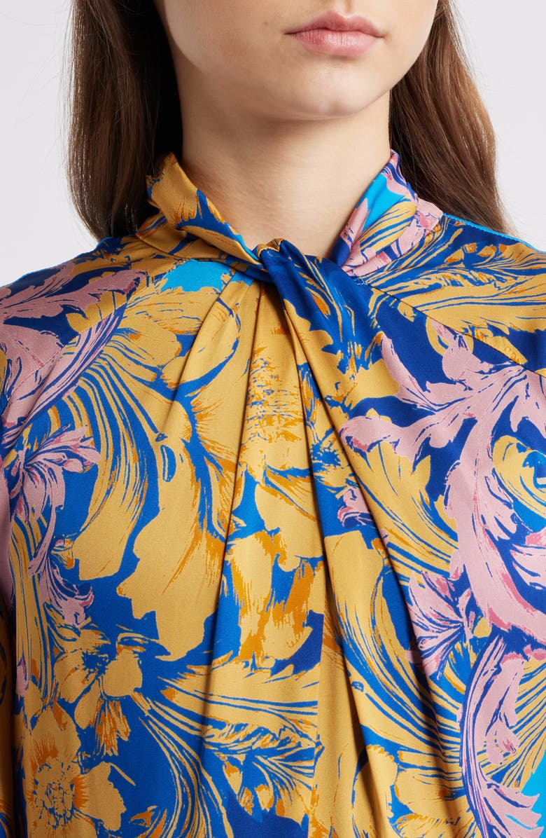 Elie Tahari The Raquel Placed Floral Long Sleeve Silk Blend Dress, Alternate, color, Ribbon Scroll Print