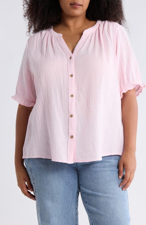 Jemma Cotton Gauze Button-Up Shirt (Plus)