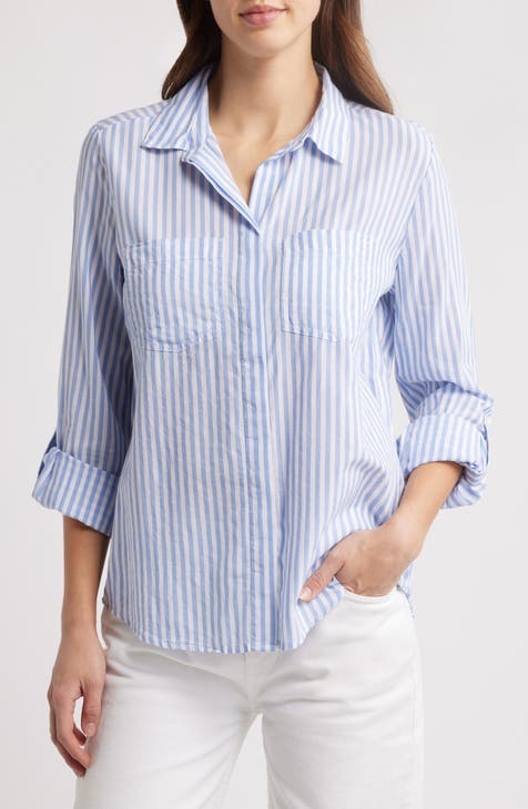 Lafayette authentic 148 Women's Blue/White Striped Collared Button Down Shirt, 24W