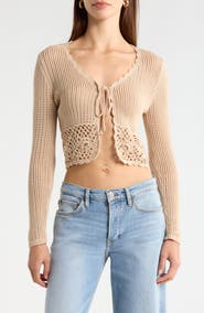 All in Favor Crochet Detail Tie Front Sweater