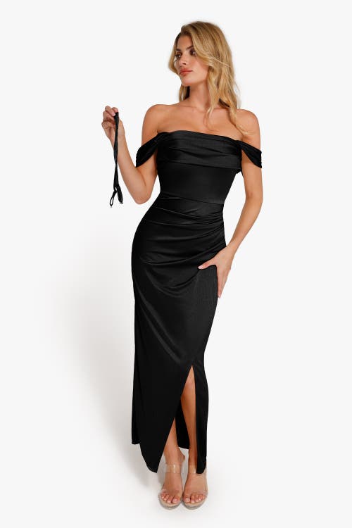 Popilush Shapewear Off Shoulder Shine Ruched Sculpting Maxi Dress In Midnight Black