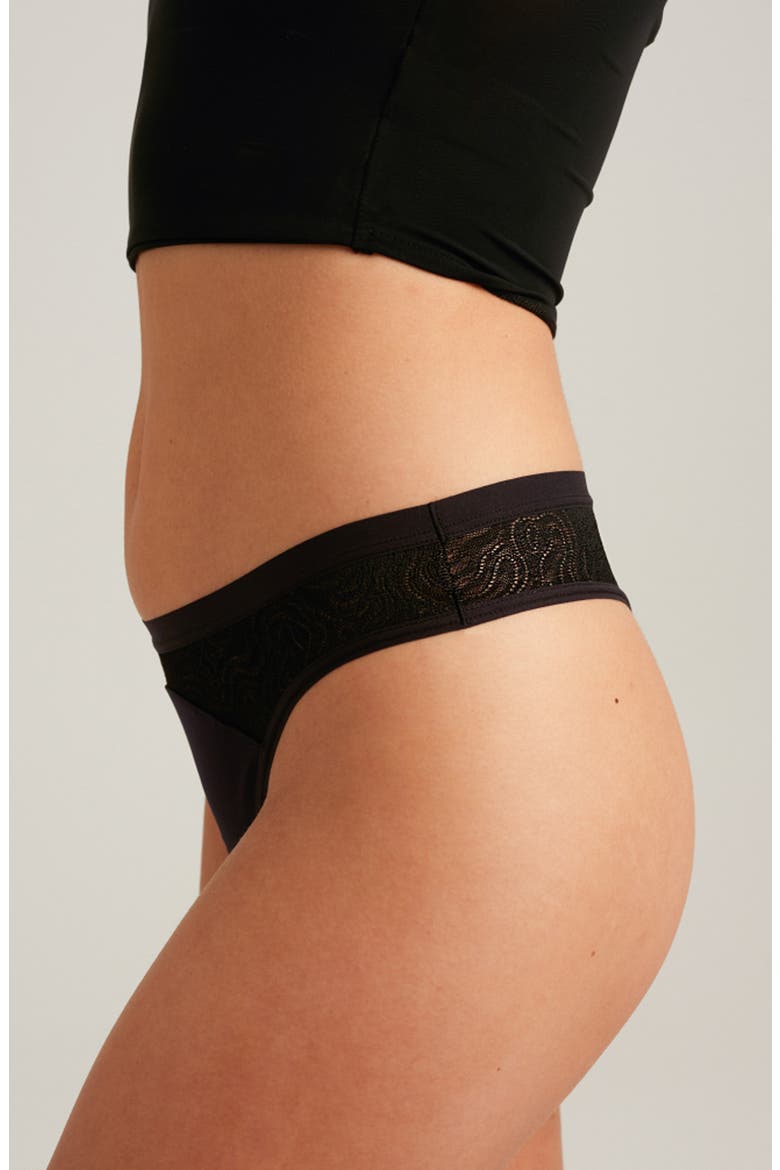 Period & Leakproof Light Absorbency Lace Thong, Alternate, color, VOLCANIC BLACK