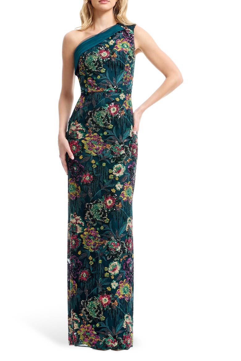 Sawyer Beaded Sequin One-Shoulder Gown, Main, color, PEACOCK BLUE MULTI