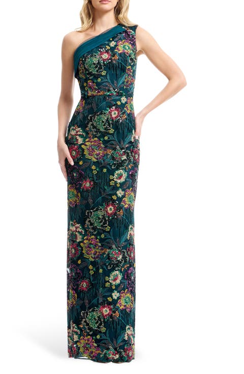 Sawyer Beaded Sequin One-Shoulder Gown