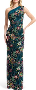 Dress the Population Sawyer Beaded Sequin One-Shoulder Gown