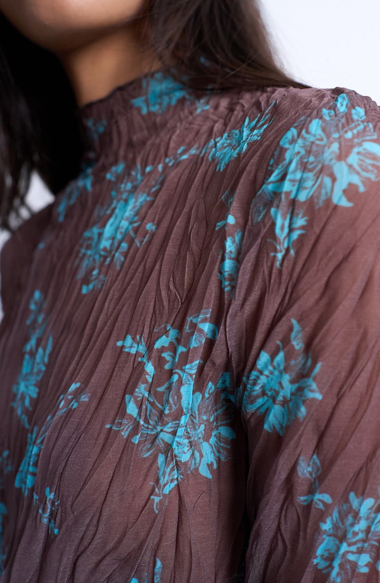 Topshop Floral Colorblock Crinkle Mesh Top, Alternate, color, Brown Multi